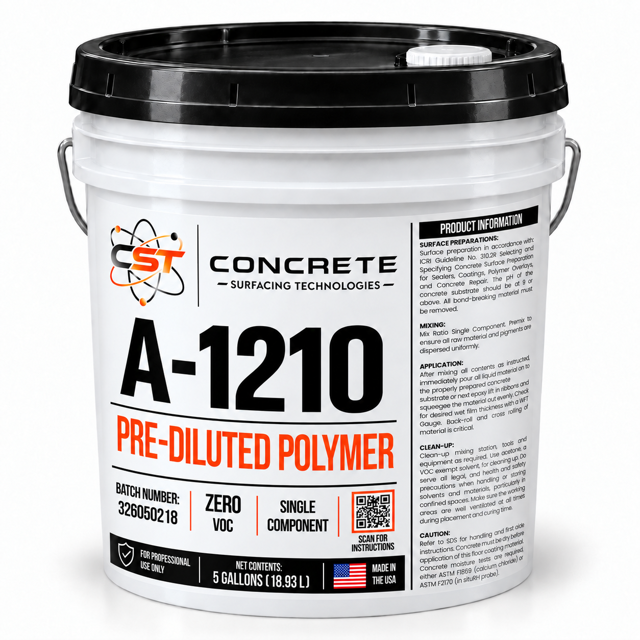 CST A-1210 Pre-diluted Polymer in a white five-gallon pail with black pour-spout lid and wraparound product information panel