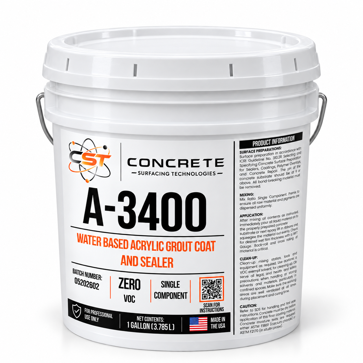 Digital mockup of A-3400 in a white one-gallon plastic pail with a wrapped CST label