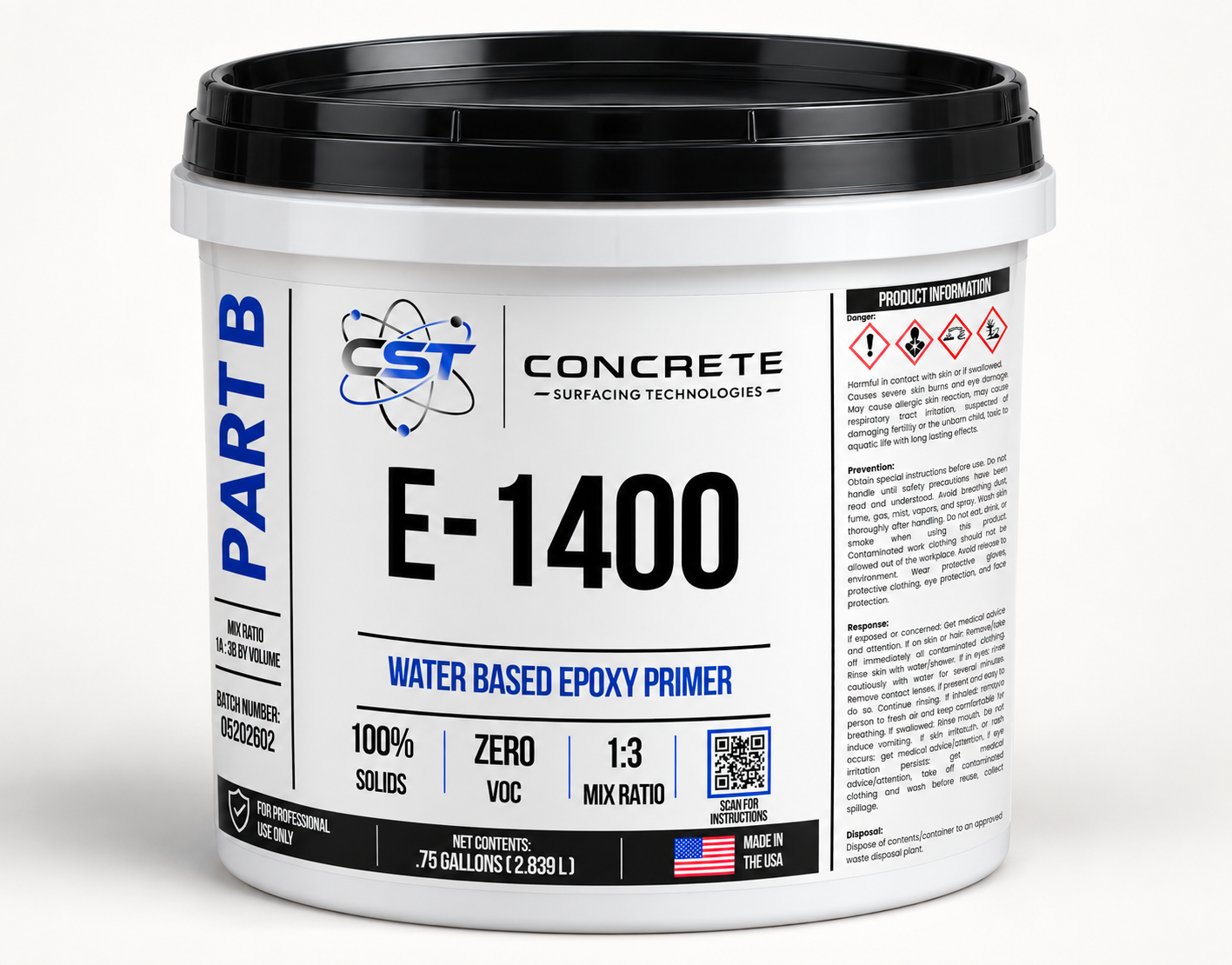 Digital mockup of E-1400 Part B in a white three-quarter-gallon pail with a black lid