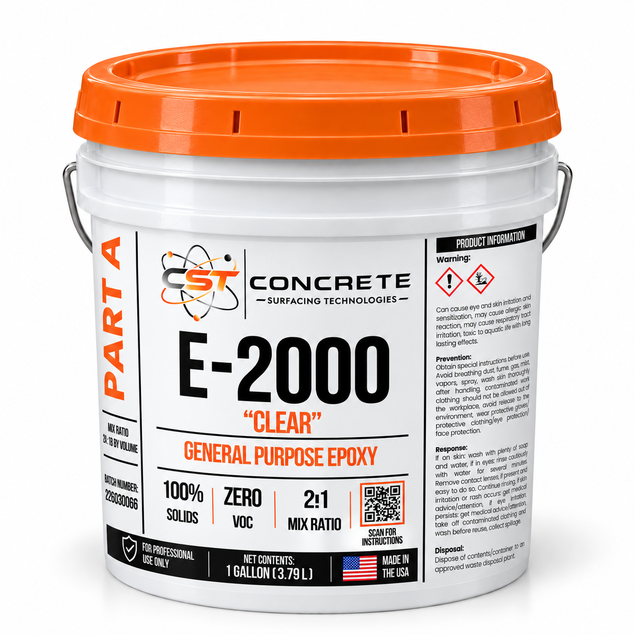 Digital mockup of E-2000 Clear Part A in a white one-gallon pail with an orange lid and wrapped CST label