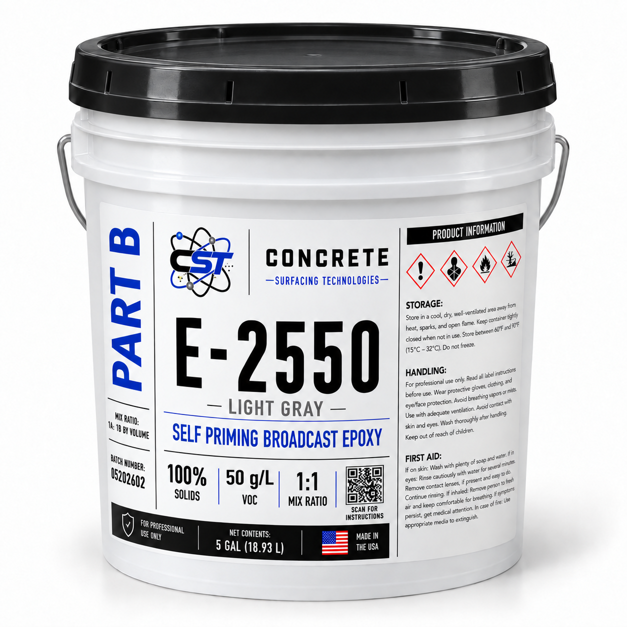 Digital mockup of E-2550 Part B Light Gray in a white five-gallon plastic pail with a black lid and wrapped CST label