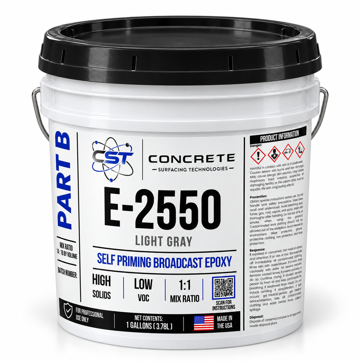 Digital mockup of E-2550 Part B Light Gray in a white one-gallon pail with a black lid
