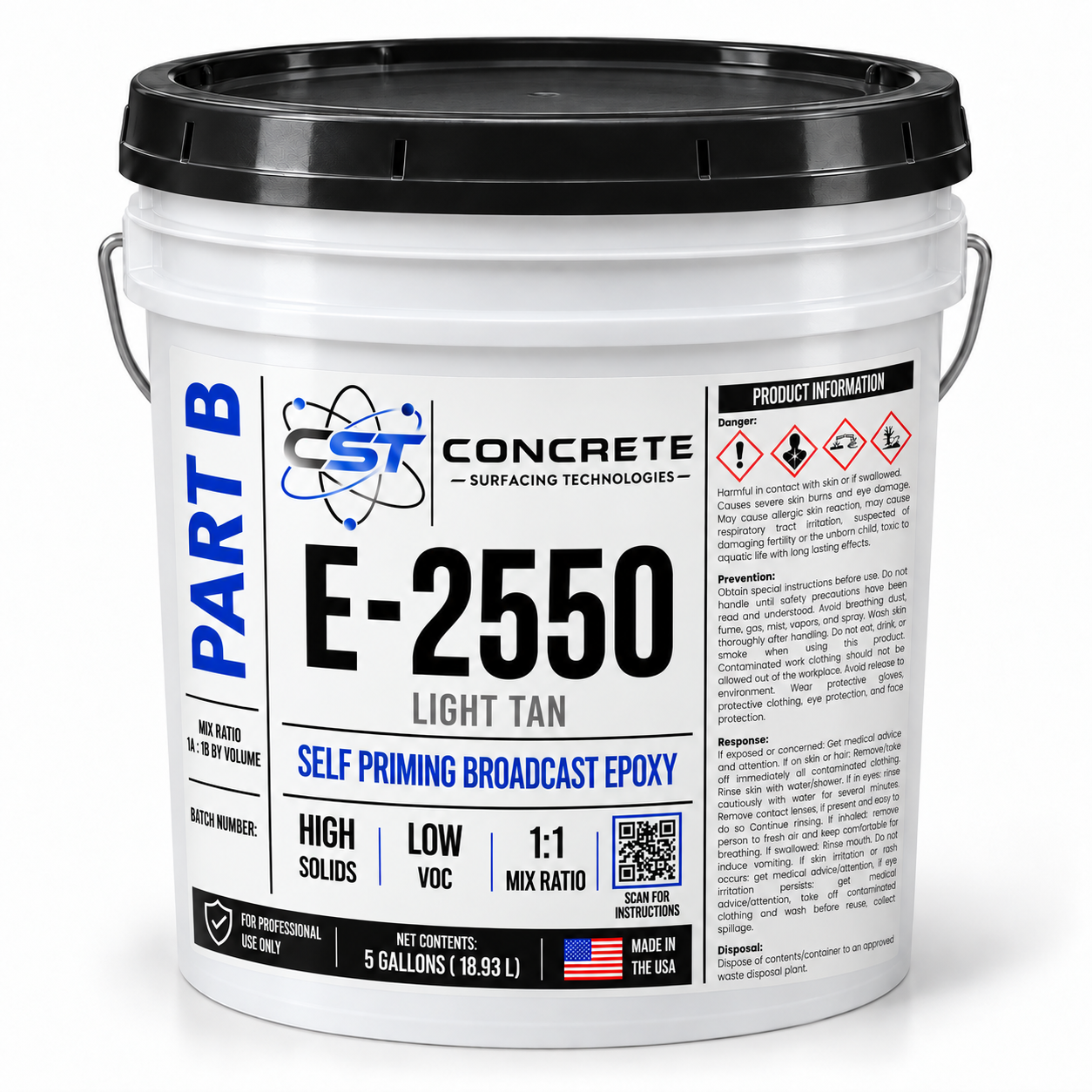 Digital mockup of E-2550 Part B Light Tan in a white five-gallon pail with a black lid