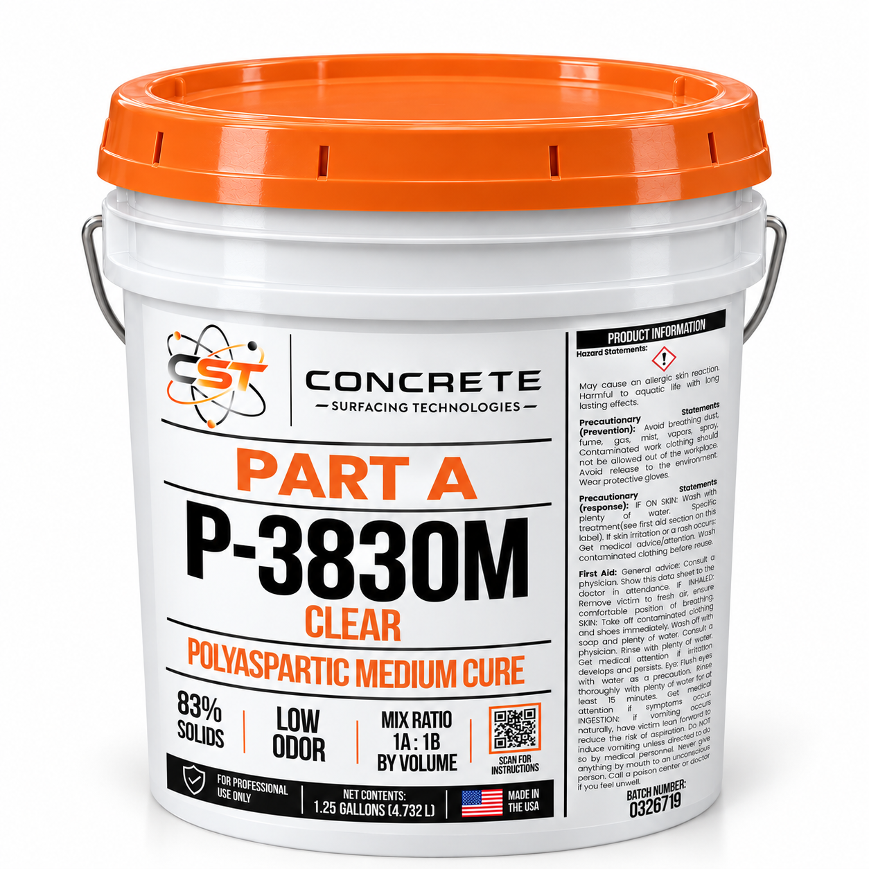 Digital mockup of P-3830 Medium Cure Part A in a white 1.25-gallon pail with an orange lid