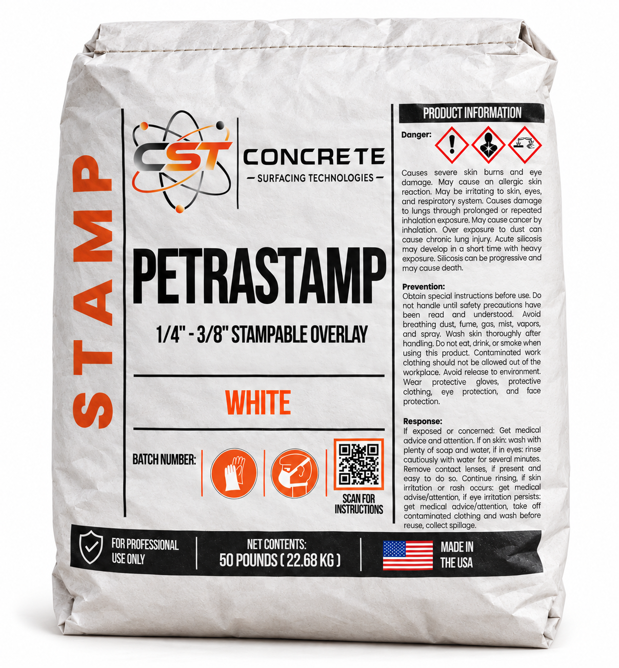 Digital visualization of PetraStamp White in a white 50-pound valve-packed bag