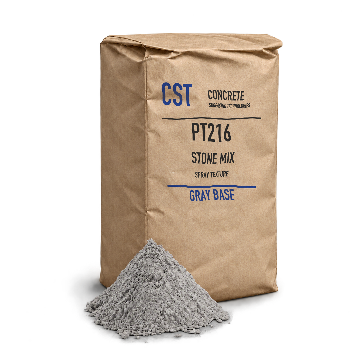 Digital concept of PT216 Gray Stone Mix in a brown cementitious bag