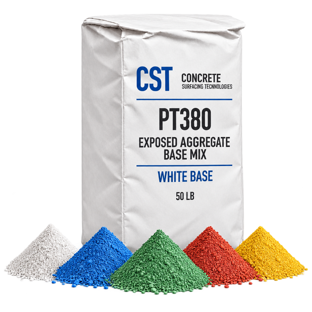 Digital visualization of PT380 white-base bag with illustrative white, blue, green, red and yellow color sample piles